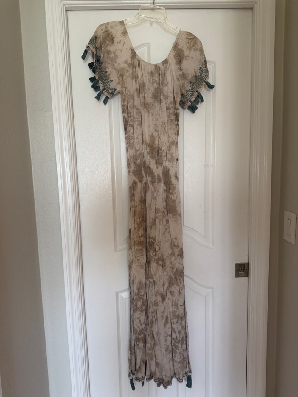 Skemo Taupe Tie-Dye Maxi Dress with Teal Tassels